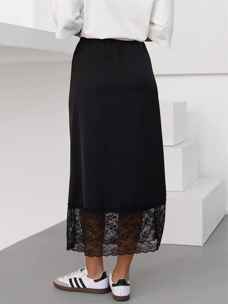 Tossy White Casual Lace Long Skirt For Women Slim High Waist Patchwork Elegant Commute Clothes Summer 2025 Female Maxi Skirt New