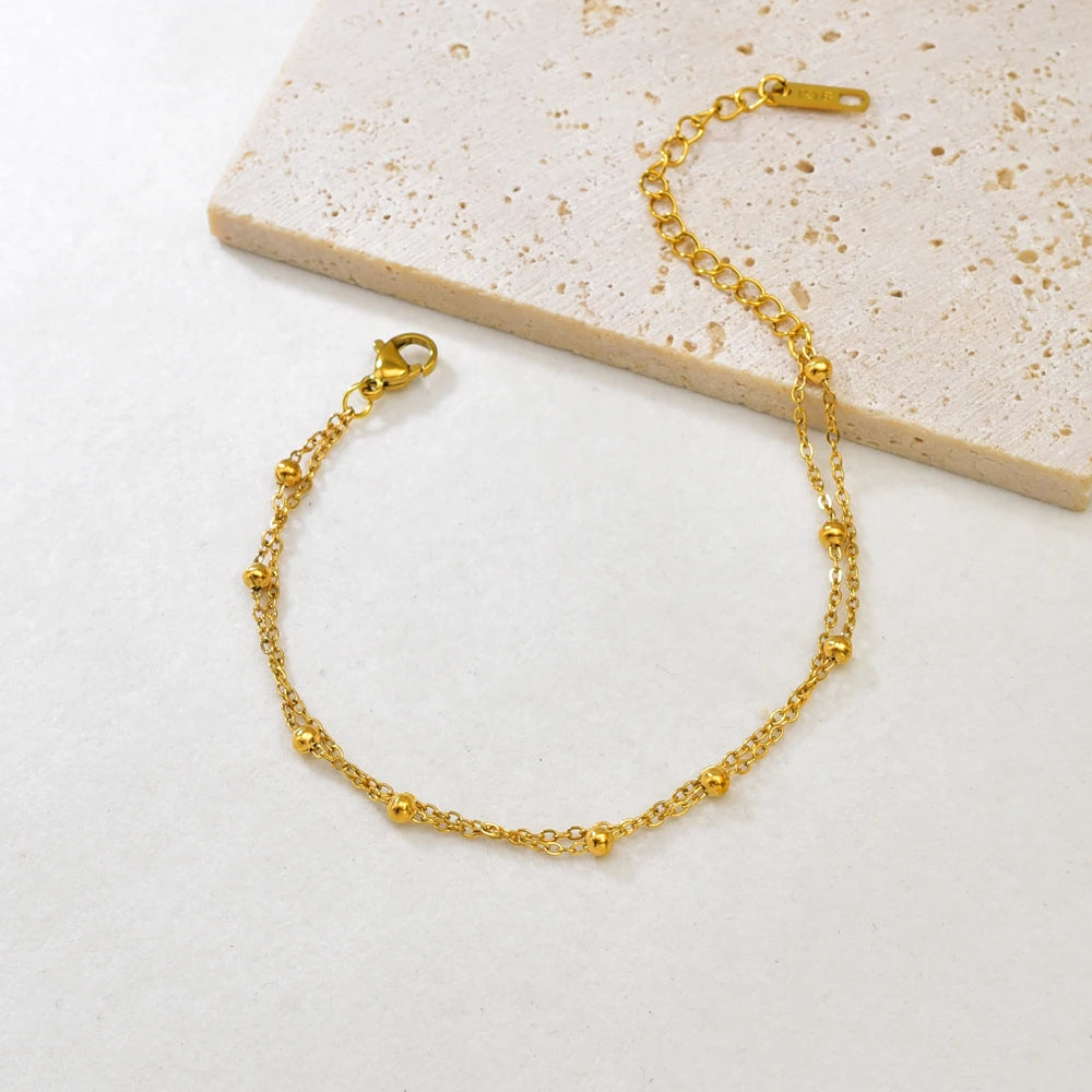 S09 Simple Korean style Double-layer round Ball Small ball Gold bead bracelet, stainless steel gold women's style