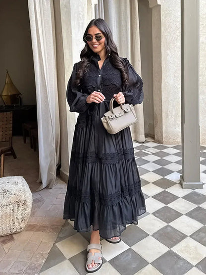 Robes longues évidées pour femmes, manches lanternes, laçage, perles, boutonnage simple, Vestidos, printemps, couleur unie, robe élégante 2026