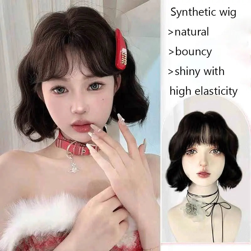 Wig Women's Full Head Covering, Korean Cute Short Hair, Egg Roll Hairstyle, Simulated Human Hair, Natural High Skull Top Short C