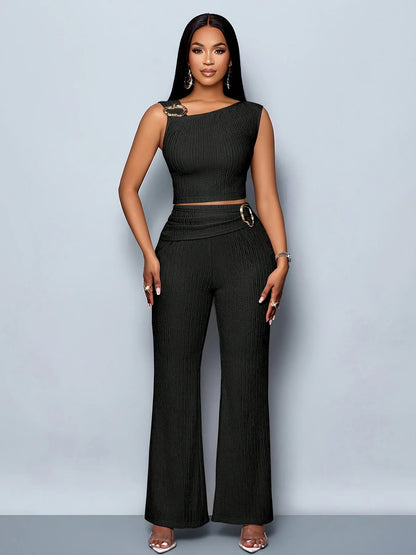 Women's 2-Piece Casual Set: Stylish Sleeveless Cropped Top with Metal Buckle Detail and Long, Loose Wide-Leg Pants