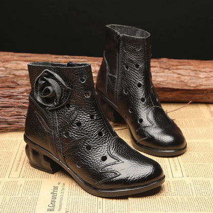 Red Leather Ankle Boots Woman Autumn Low Heel Fur Bootie Ladies Vintage Handmade  Hollow Shoes fashion floral Mujer Booties﻿