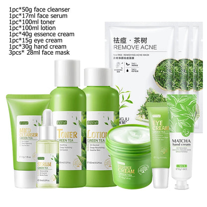Kit de produits pour le visage Sakura / Crème visage au thé vert Crème nourrissante pour la peau Sérum visage Crème lissante pour les yeux Soin coréen