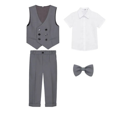 Teenager Kids Beige WaistCoat Shirt Pants Bowtie Tuxedo Dress Boys Vest Suit For Wedding Children Host Photograph Party Costume