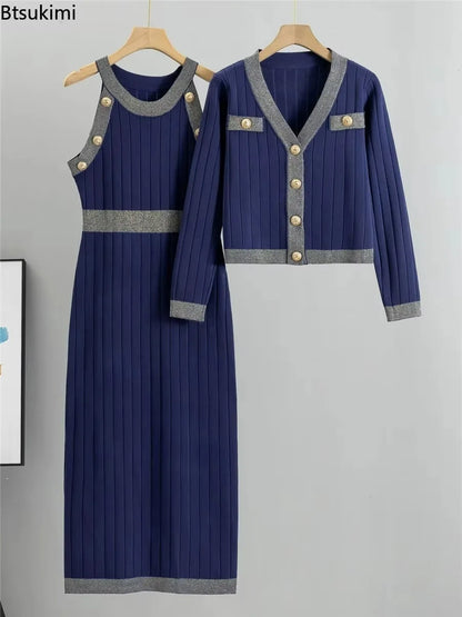 Ensembles de robes de style français pour femmes, taille haute, deux pièces tricotées, pull, robe débardeur et manteaux, mode élégante printemps-automne