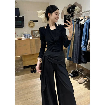Women's 2-Piece Set: Wrap-Front Long-Sleeve Top Wide-Leg Pants