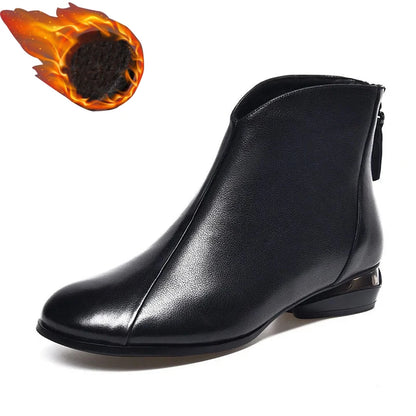 Bottes courtes en cuir pour femmes à semelle souple, bottines à talon bas en peluche chaude pour l'automne et l'hiver 2023