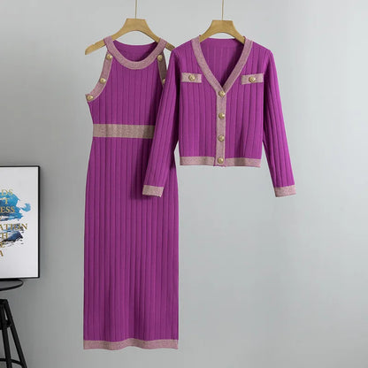 Ensembles de robes de style français pour femmes, taille haute, deux pièces tricotées, pull, robe débardeur et manteaux, mode élégante printemps-automne