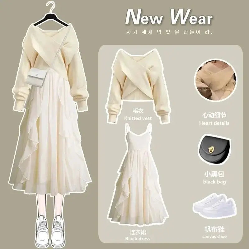 Women's Knitted Sweater Skirt Two Piece Set Women Slim Elegant Tops Female Sweater Dress Suits Lady Knitting Outfit