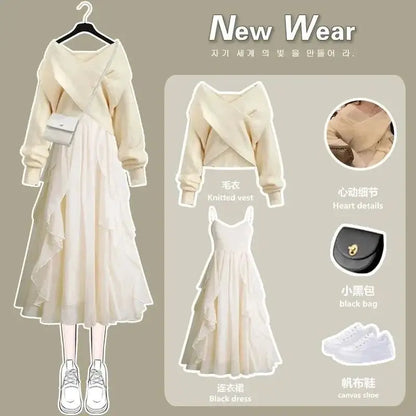 Women's Knitted Sweater Skirt Two Piece Set Women Slim Elegant Tops Female Sweater Dress Suits Lady Knitting Outfit