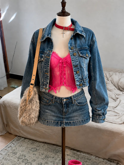 Women Y2K 2 Piece Denim Outfits Casual Denim Jacket Coat + Mini Skirt Retro Korean Fashion Jean Two‑Piece Suit Streetwear Sets