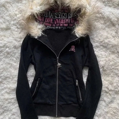 High street retro women hooded winter new item Harajuku multifunctional long sleeved wool warm zipper Gothic Y2K long sleeved