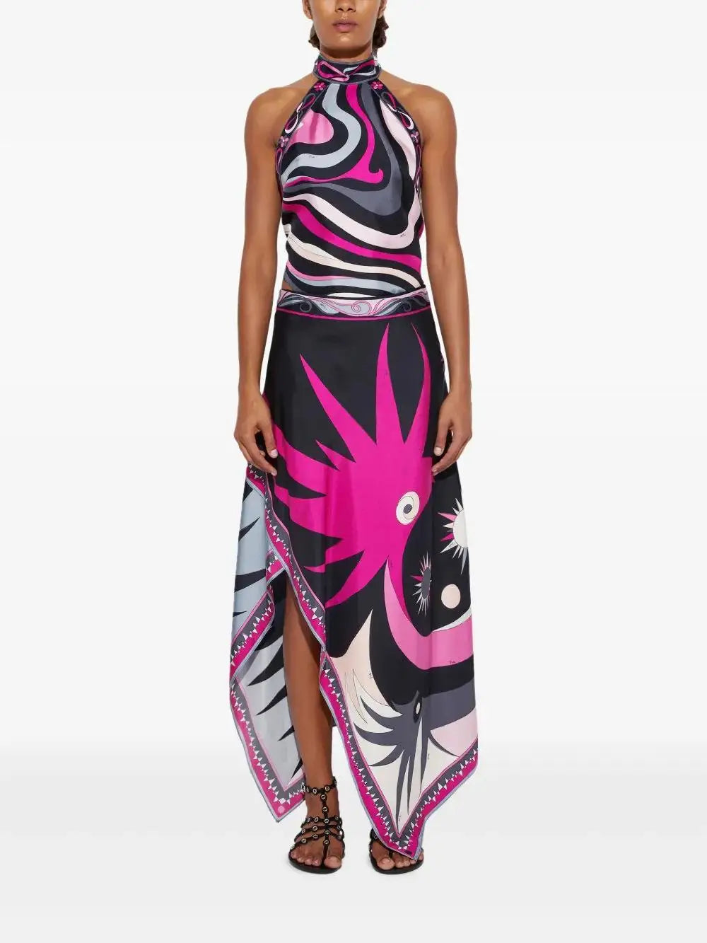 Irregular Satin Print Suit Women Halter Neck Lace Up Tank Top Midi Skirt 2 Pieces Set 2026 New Lady Summer Casual Vacation Wear