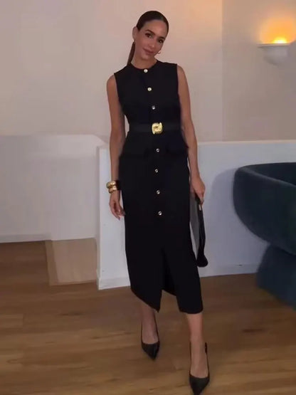HH Women Elegant Black Dress O Neck Single Breasted Sleeveless Dresses With Belt Summer Casual Office Lady Dress Vestidos
