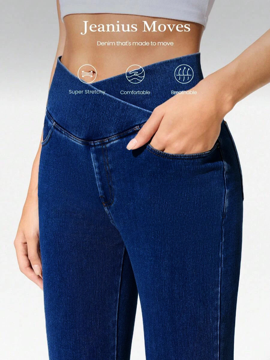 Jean amincissant polyvalent Printemps/Été Nouveau style Jean évasé taille croisée ultra-extensible pour femme Jean en maille rehausseur de hanches