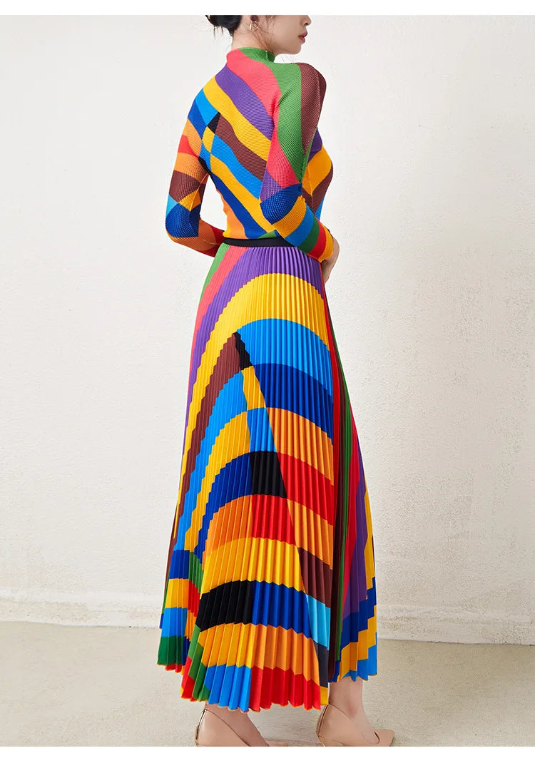 Fashionable two-piece set for women: pleated rainbow print long-sleeved top and high-waisted versatile skirt.
