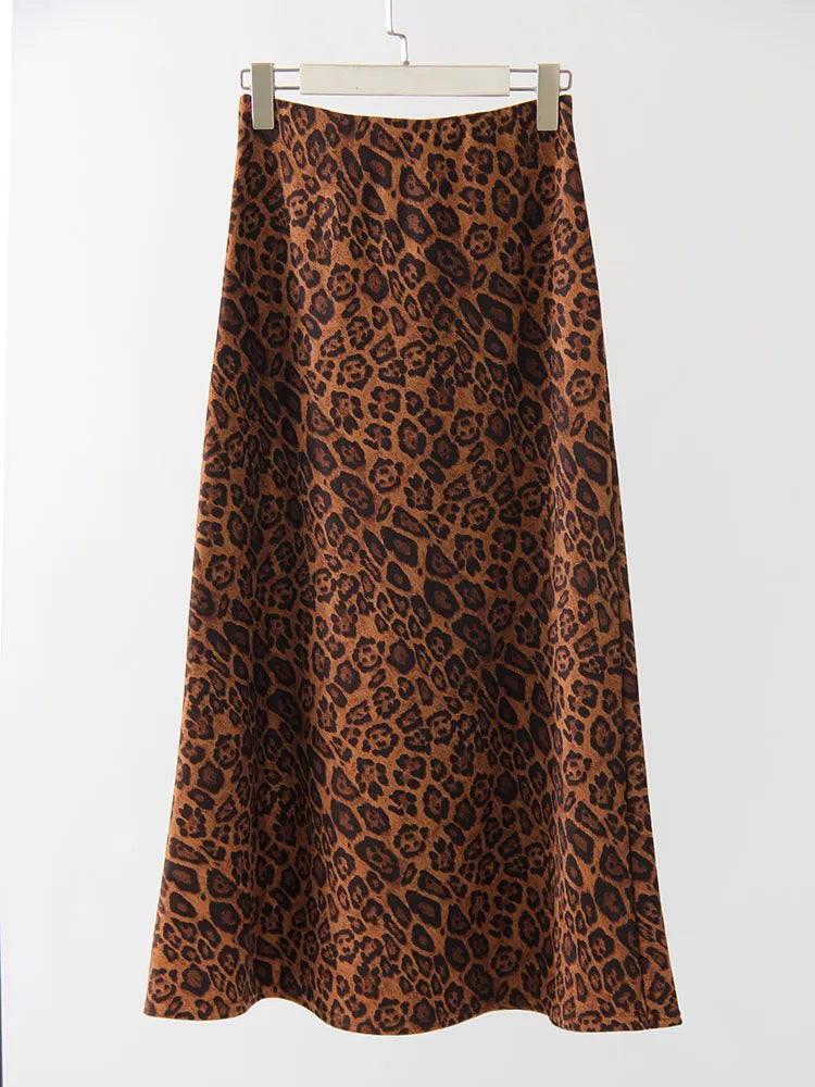 Jupe longue en daim imprimé léopard pour femme - Jupe longue trapèze marron vintage pour femme - Jupes longues en daim chaudes léopard pour l'hiver