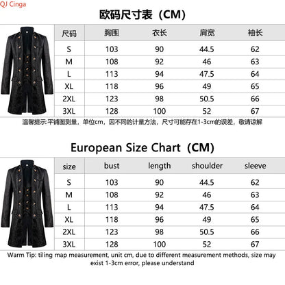 White Men's Vintage Style Military Double - Breasted Trench Coat with Embroidered Patterns and Black-Yellow Buttons.