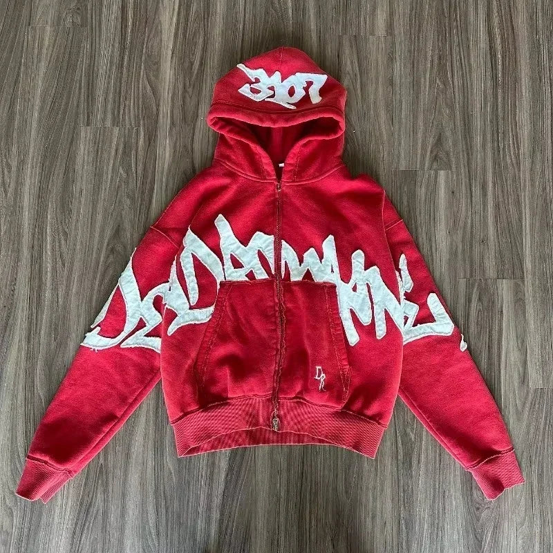 American Y2K New Hip Hop Trend Zipper Hoodie Women Street Casual Loose Joker Vintage Sweatshirt Unisex Fleece Padded Warm Hoodie