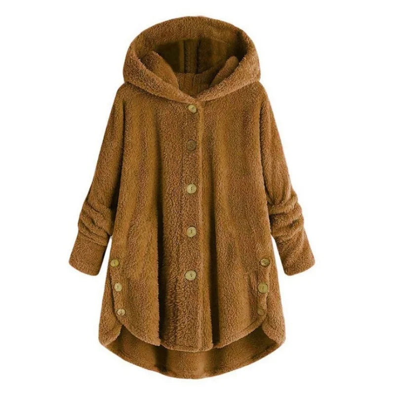 New Fashion Autumn Winter Women's Solid Button Coats Ladies Warm Teddy Bear Loose Outwear Female Plush Coat Hooded Plush Jackets