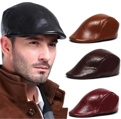 Fall Winter PU Men's Beret Hat Fashionable Casual Style Headwear for Men Bright Leather-like Warm Forward Hats Visors for Women