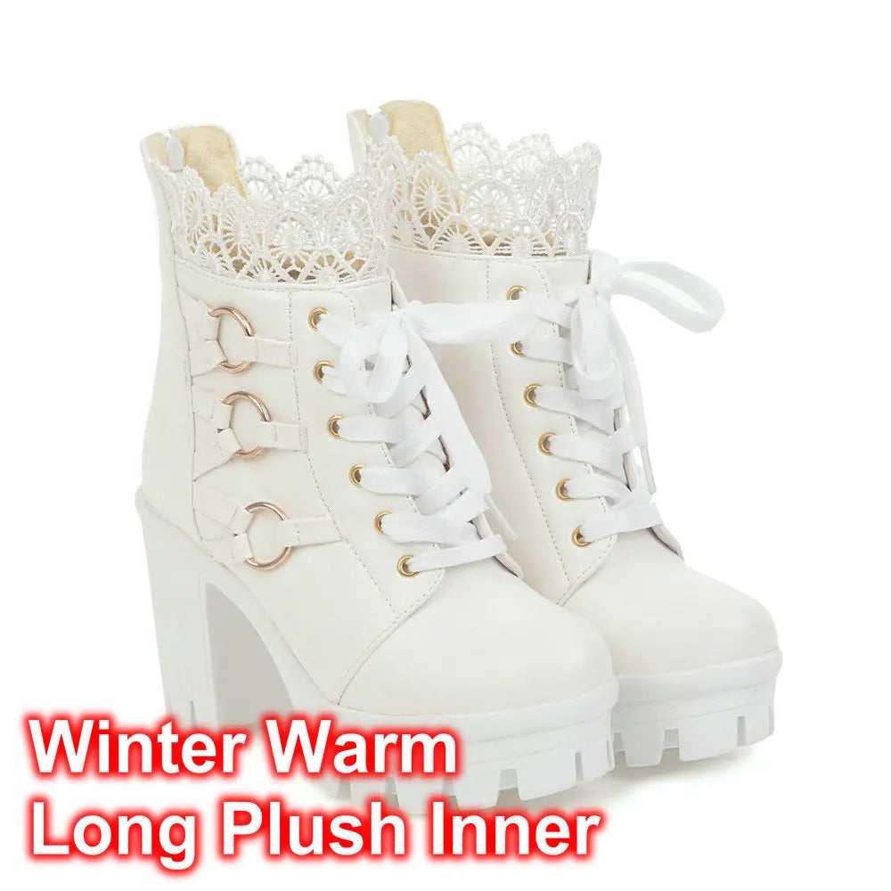 Women Chunky Platform Ankle Boots Lolita Super High Heel Lace Up Boots Sweet Lace Back Zipper Princess Cosplay Shoes Black White