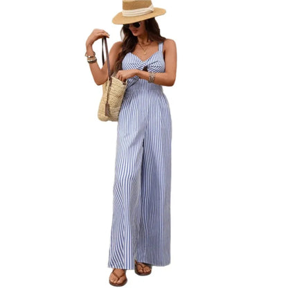 2026 new women's jumpsuit with elegant striped suspender comfortable hollow out fashionabl ev-neck sweet and versatile jumpsuit