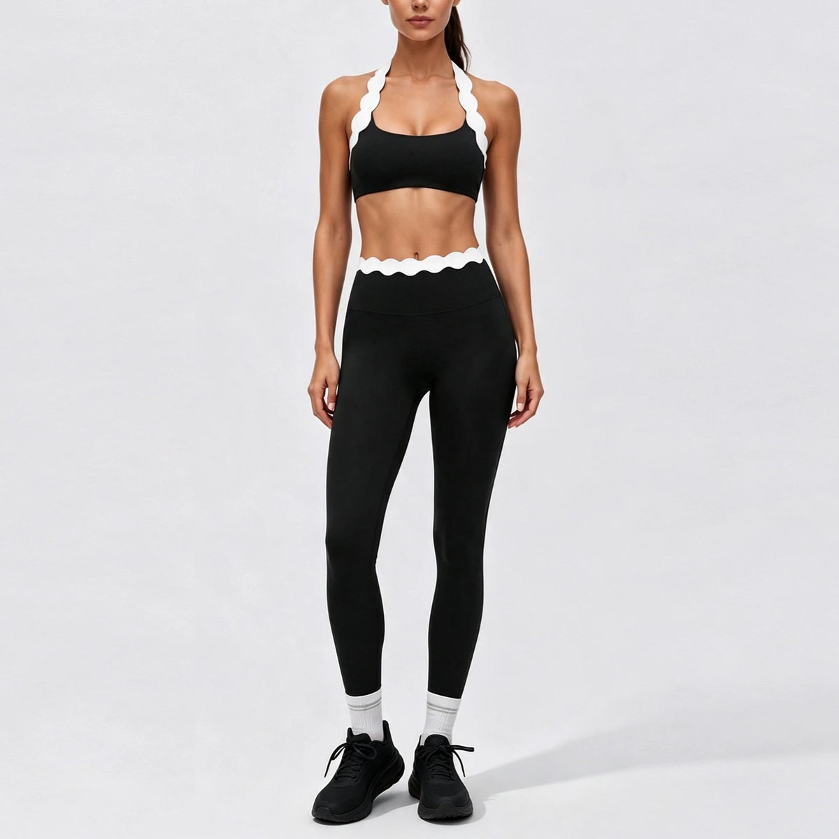 Women 2 Piece Yoga Set Contrast Scalloped Trim Halter Sports Bra Criss‑Cross Back High Waist Leggings Workout Clothes Gym Set