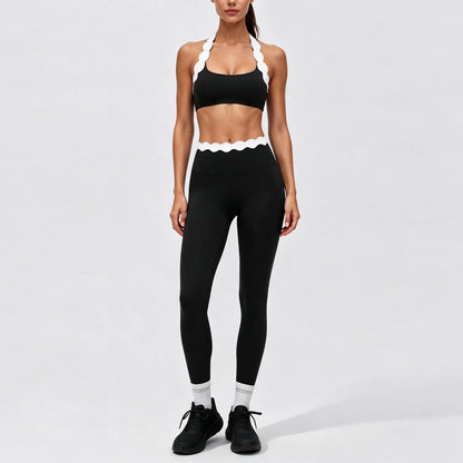 Women 2 Piece Yoga Set Contrast Scalloped Trim Halter Sports Bra Criss‑Cross Back High Waist Leggings Workout Clothes Gym Set