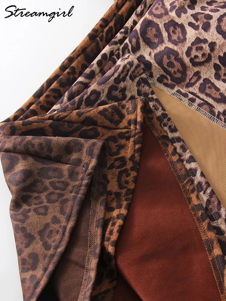 Jupe longue en daim imprimé léopard pour femme - Jupe longue trapèze marron vintage pour femme - Jupes longues en daim chaudes léopard pour l'hiver