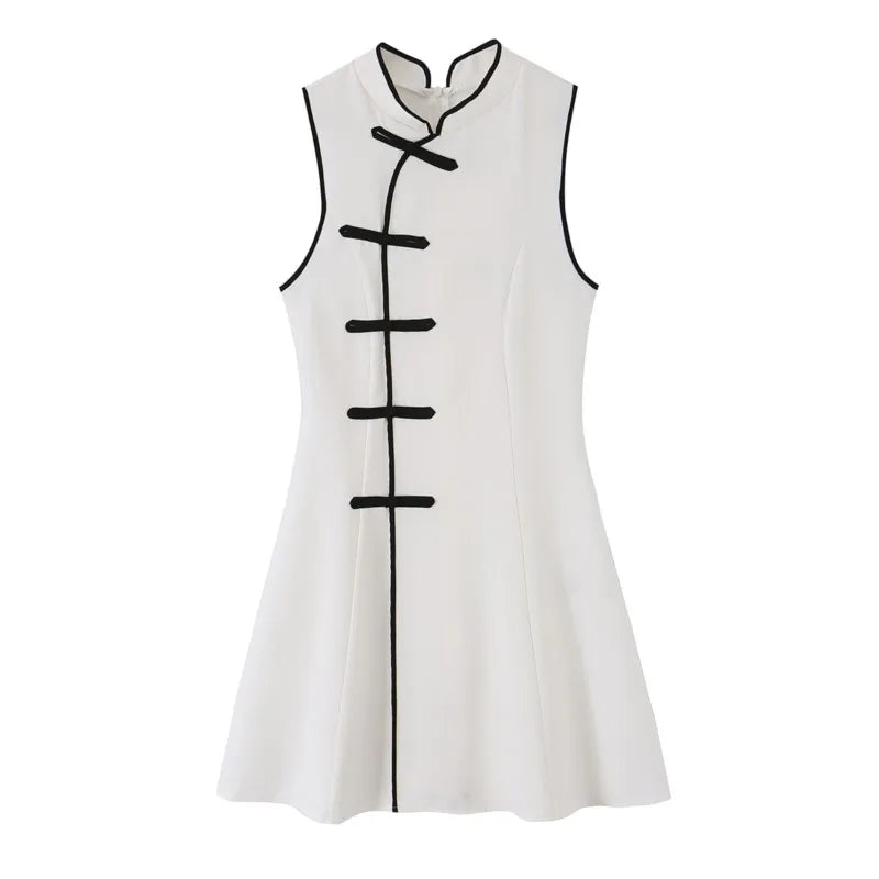 Women's Mini Dress Summer New Fashion Round Neck Sleeveless Rope Knot Contrast Dress Vintage Female Chic Dresses