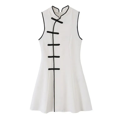 Women's Mini Dress Summer New Fashion Round Neck Sleeveless Rope Knot Contrast Dress Vintage Female Chic Dresses
