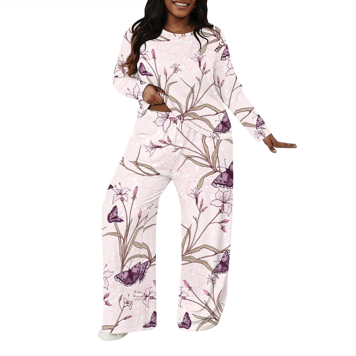 Plus size Women two-piece set with 3D geometric print casual loose round neck long sleeved two-piece set (pocket)