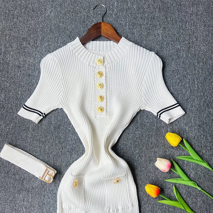 YuooMuoo 2026 Autumn Winter Women Knitted Dress Brand Fashion O-neck Buttons Bodycon Sweater Dress with Belt Lady Office Dress