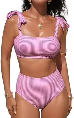 Women Two-piece Halter Vest Swimwear Sexy Striped Ruffle High Waisted Bikinis Set Female Bathing Suit Tie Strap Beachwear