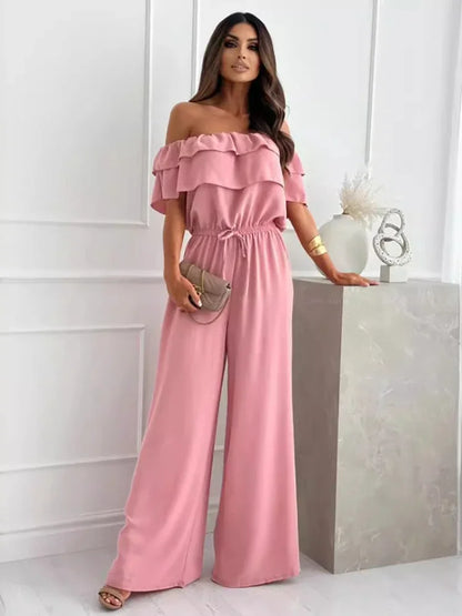Summer Off-Shoulder Jumpsuit for Women Short-Sleeved Flounce Slim Fit Elastic Waist Fashionable Casual Jumpsuits
