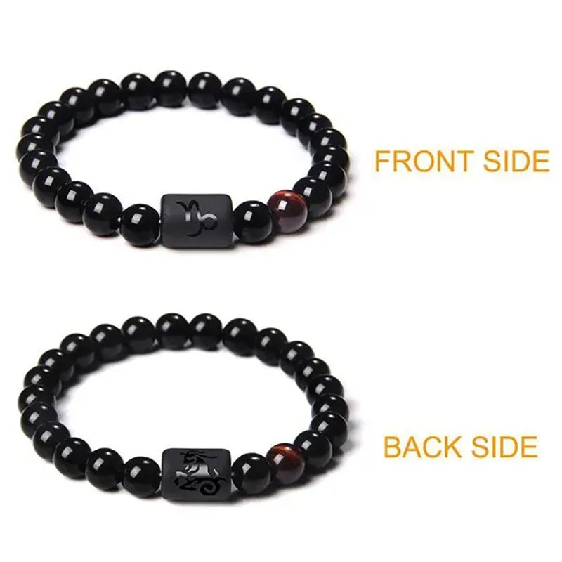 12 Constellation Zodiac Signs Beads Couples Bracelet Natural Black Onyx Stone Elastic Charm Bracelet for Women Men Birthday Gift
