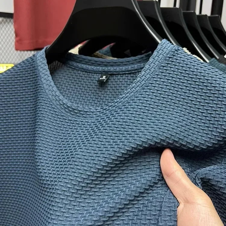 Men's Short Sleeve Mesh Bamboo Ice Silk T-shirt Casual Versatile Summer Elastic Slimming Top for Men 2029