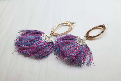 Long Copper Embossed Pink and Purple Silk Tassel Earrings