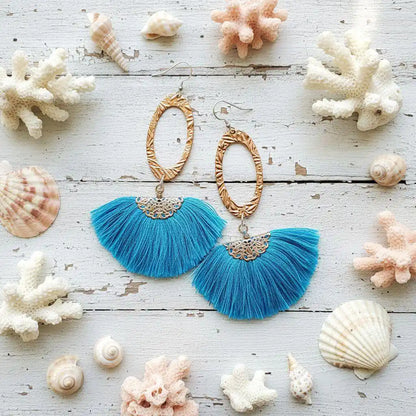 Long Copper Embossed Aqua Brushed Silk Fan Tassel Earrings