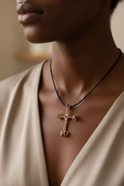 Grand collier croix en améthyste en cuivre et argent tissé de gros fil