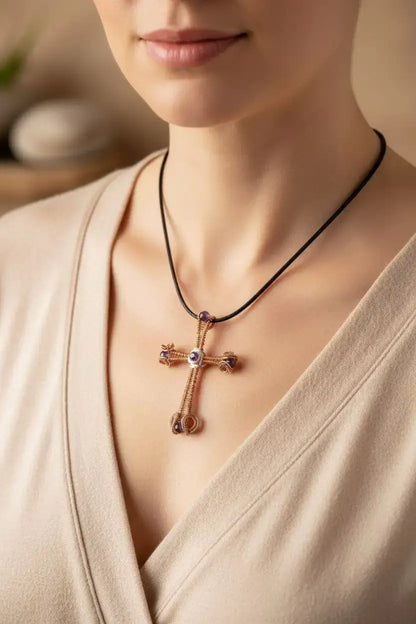 Grand collier croix en améthyste en cuivre et argent tissé de gros fil