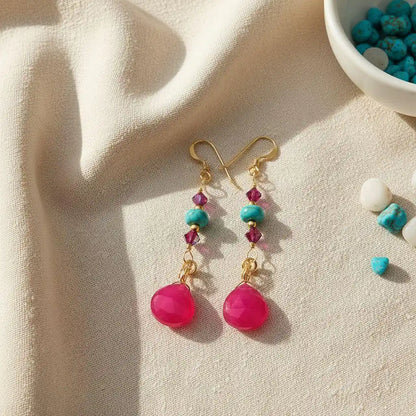 Boucles d'oreilles en fil enroulé, pierres gemmes turquoise roses, plaquées or